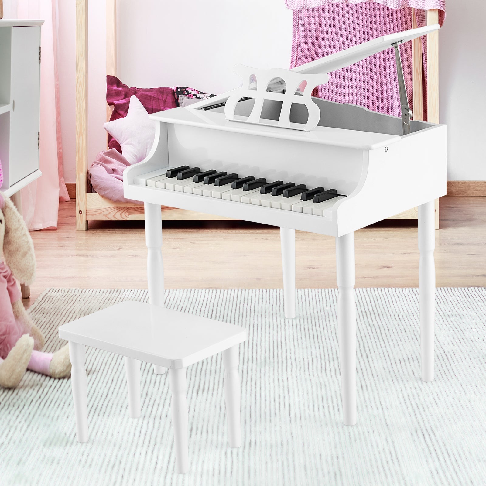 30-Key Wood Toy Kids Grand Piano with Bench and Music Rack-White