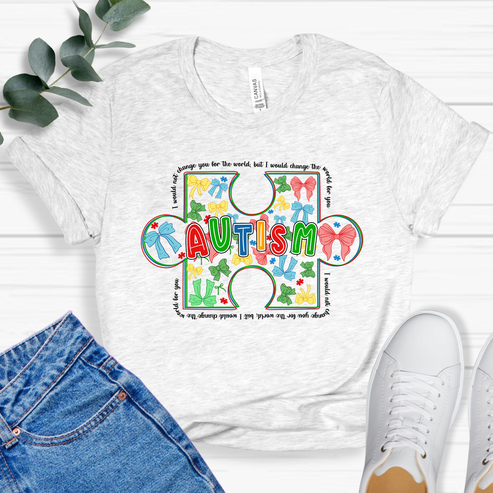 "Unisex autism awareness bows puzzle piece t-shirt in ash, available sizes S-3XL"